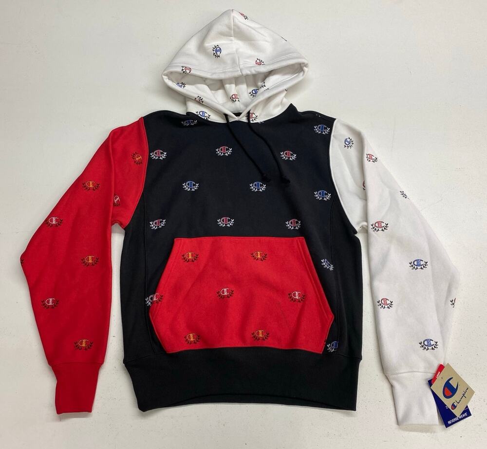 NEW Champion Reverse Weave heavyweight colorblock logo all-over graphic hoodie S